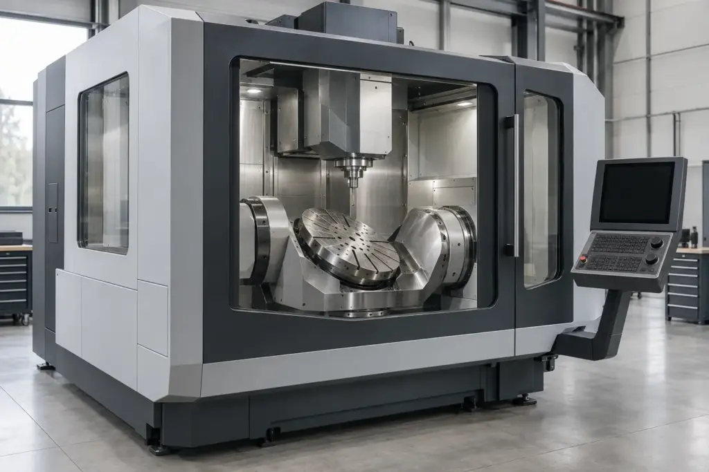 整洁机加工车间中一台现代全封闭式五轴 CNC 加工中心,带摆动回转工作台