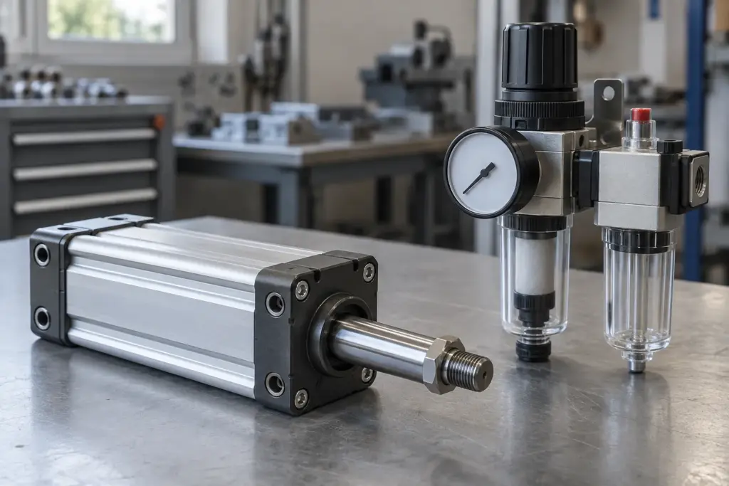 Pneumatikzylinder mit Aluminiumprofilrohr neben einer Druckluft-Wartungseinheit mit Filterregler