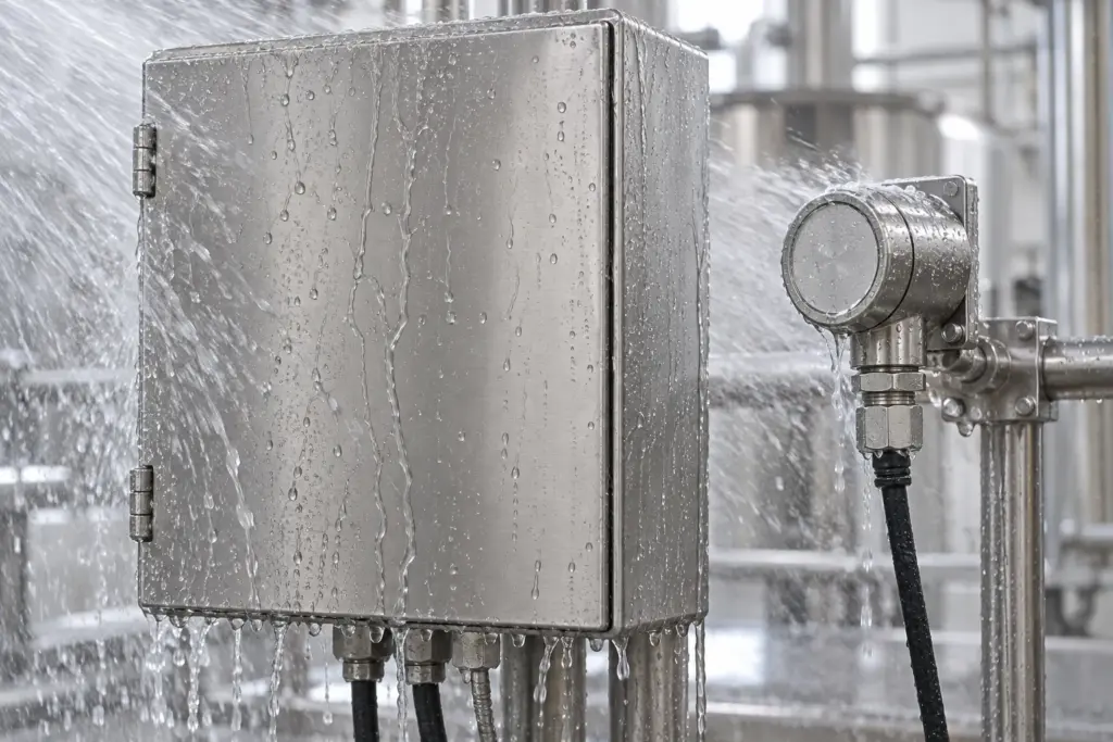 在洁净生产区域中,一个不锈钢电气箱和一个带电缆密封接头的密封传感器正被水喷淋