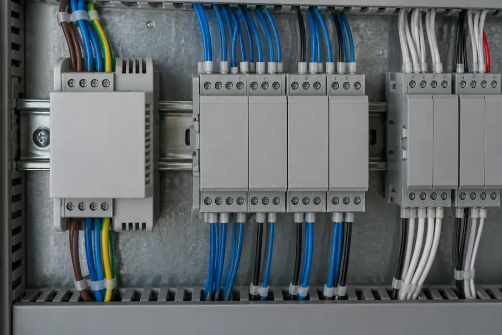 Una fila di moduli di controllo industriali con morsetti di ingresso e uscita su guida DIN in un quadro elettrico, senza etichette leggibili