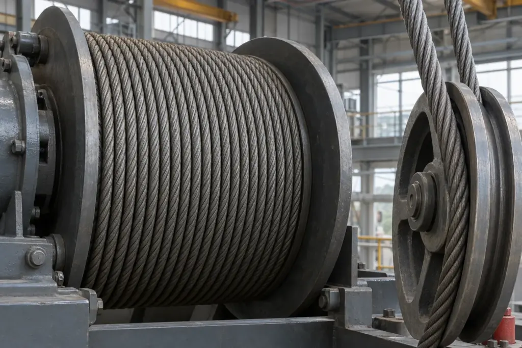 Drahtseil auf einer Krantrommel neben einer Seilrolle mit Rille in einer Industriehalle