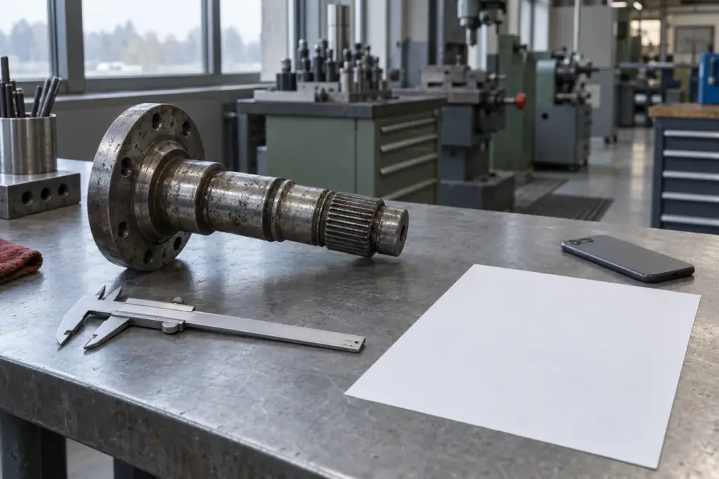 Used splined flange shaft on a workbench next to a vernier caliper, a blank sheet of paper and a smartphone