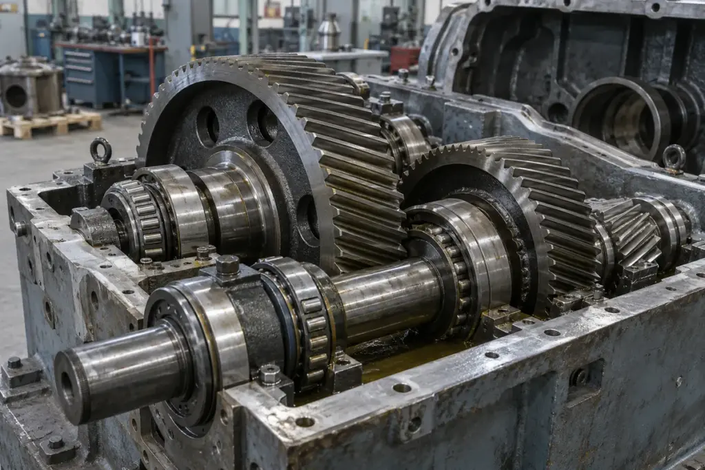 Geöffnetes Industriegetriebe mit schrägverzahnten Zahnrädern, Wellen und Wälzlagern in einer Werkstatt