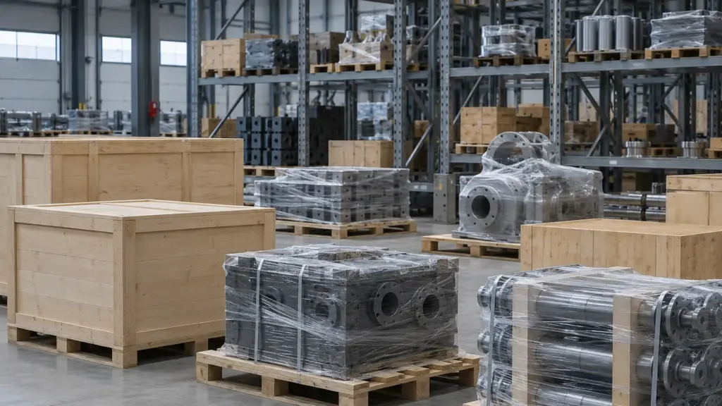 Wareneingangsbereich mit Holzkisten und folienverpackten Maschinenteilen auf Paletten vor hohen Palettenregalen