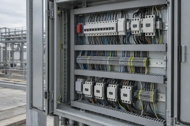Geöffneter Industrie-Schaltschrank mit Leitungsschutzschaltern, Schützen, Reihenklemmen und Kabelkanälen