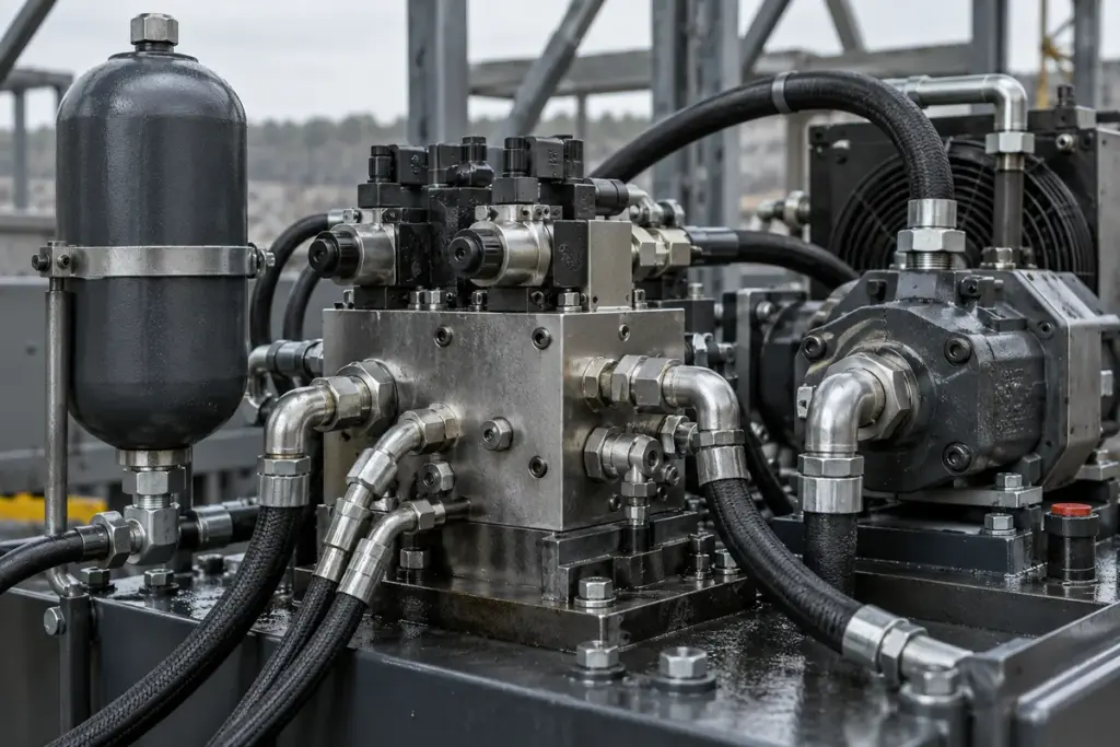 Gros plan d'une centrale hydraulique avec bloc de distribution, accumulateur, pompe et conduites flexibles à raccords sertis