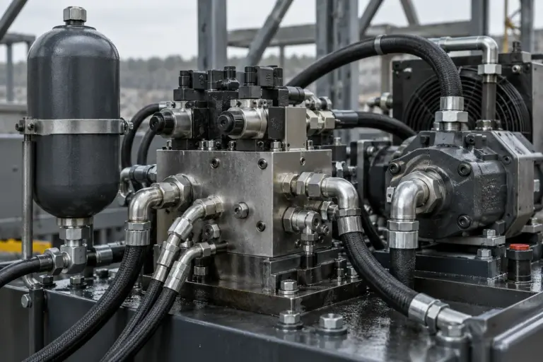 Nahaufnahme eines Hydraulikaggregats mit Ventilblock, Druckspeicher, Pumpe und Schlauchleitungen mit Pressarmaturen