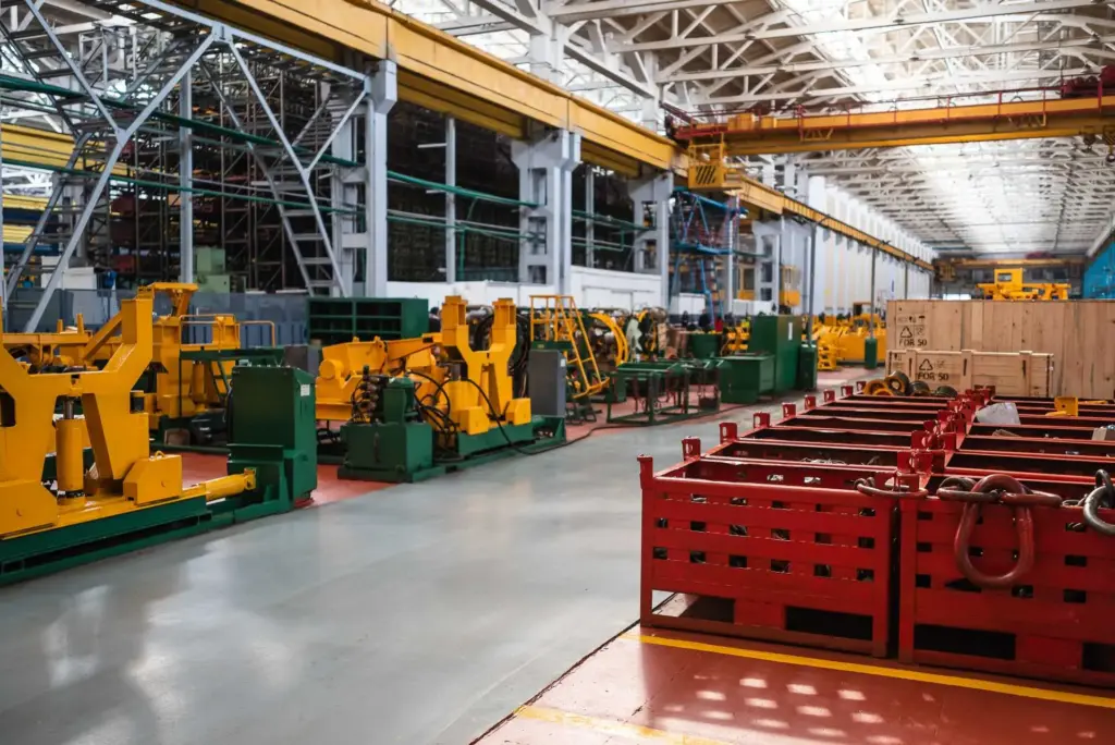 Hall de montage avec des bâtis de machines jaunes et verts, un pont roulant et des racks de transport