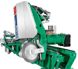 Machine de marquage verte et blanche pour produits sidérurgiques avec tête de marquage pivotante