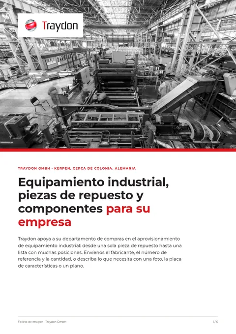 Portada del folleto de imagen: nave de producción en blanco y negro, logotipo de Traydon y el titular sobre equipamiento industrial, piezas de repuesto y componentes