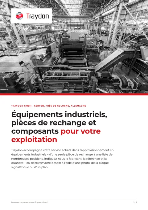 Couverture de la brochure de présentation : hall de production en noir et blanc, logo Traydon et titre sur les équipements industriels, les pièces de rechange et les composants